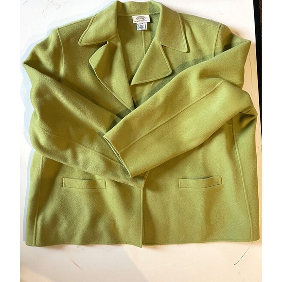 Talbots Woman Petites 22W Lime Green 100% Wool Open Front Cardigan Blazer Pocket - Picture 3 of 13